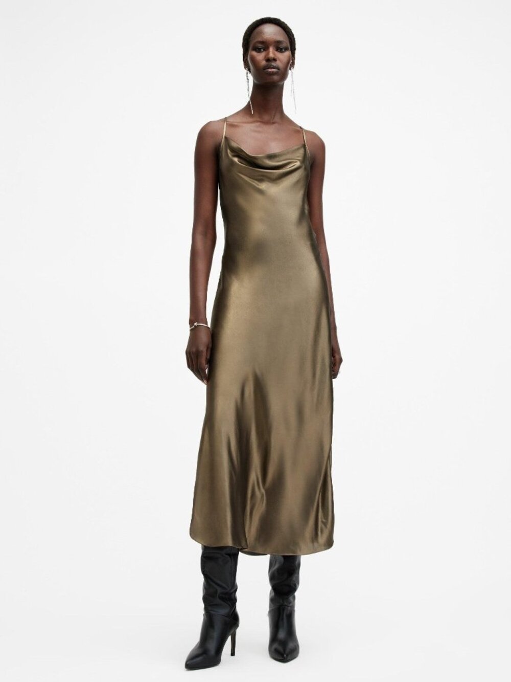 AllSaints Brown Metallic Slip Dress Recycled Polyester